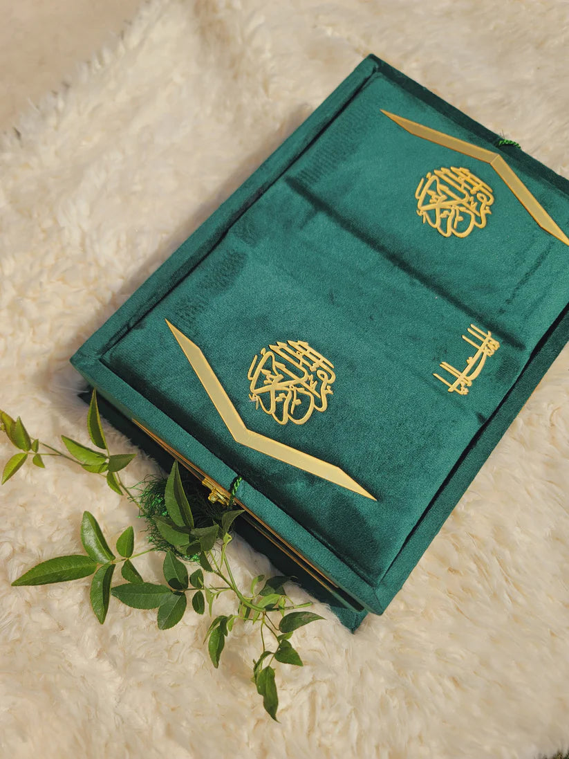 Green Meadown Velvet Quran Set (Tasbeeh , Ittar , Velvet Rahal Box , Velvet Quran)