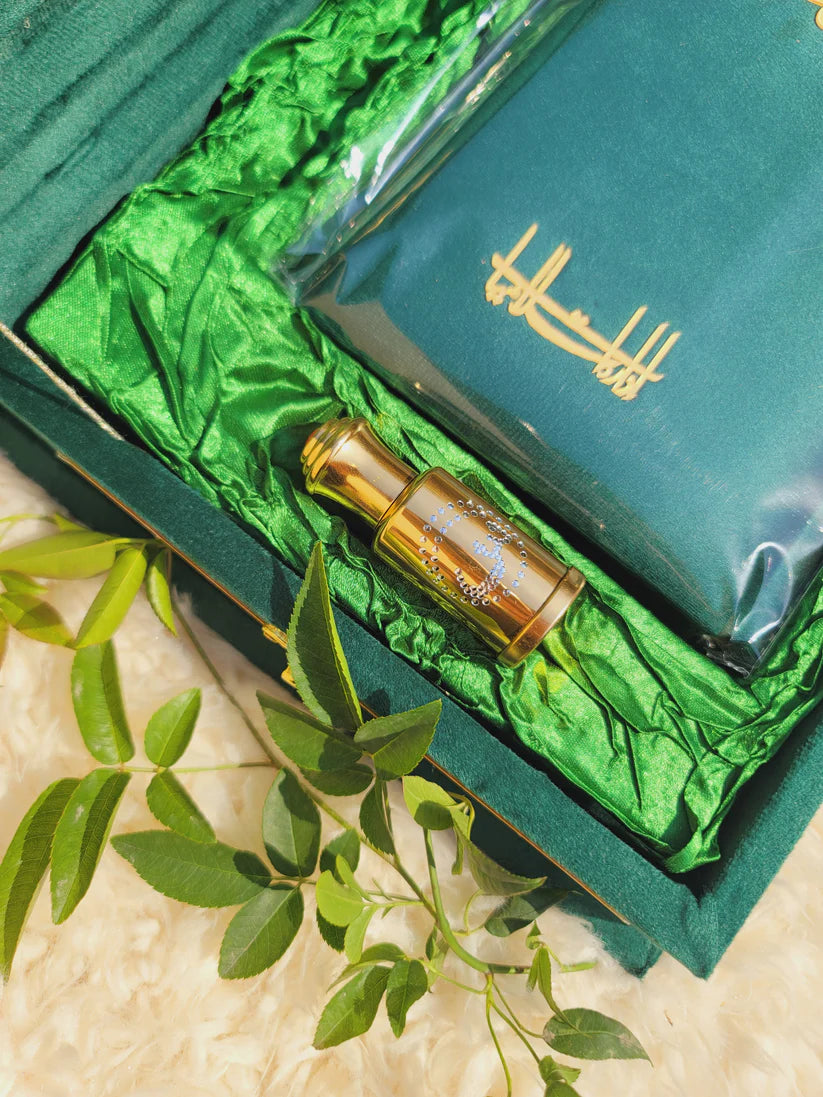 Green Meadown Velvet Quran Set (Tasbeeh , Ittar , Velvet Rahal Box , Velvet Quran)