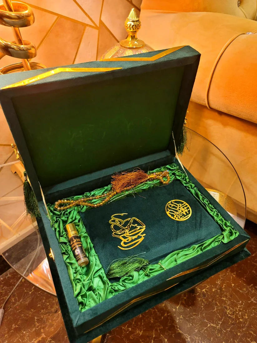 Green Meadown Velvet Quran Set (Tasbeeh , Ittar , Velvet Rahal Box , Velvet Quran)
