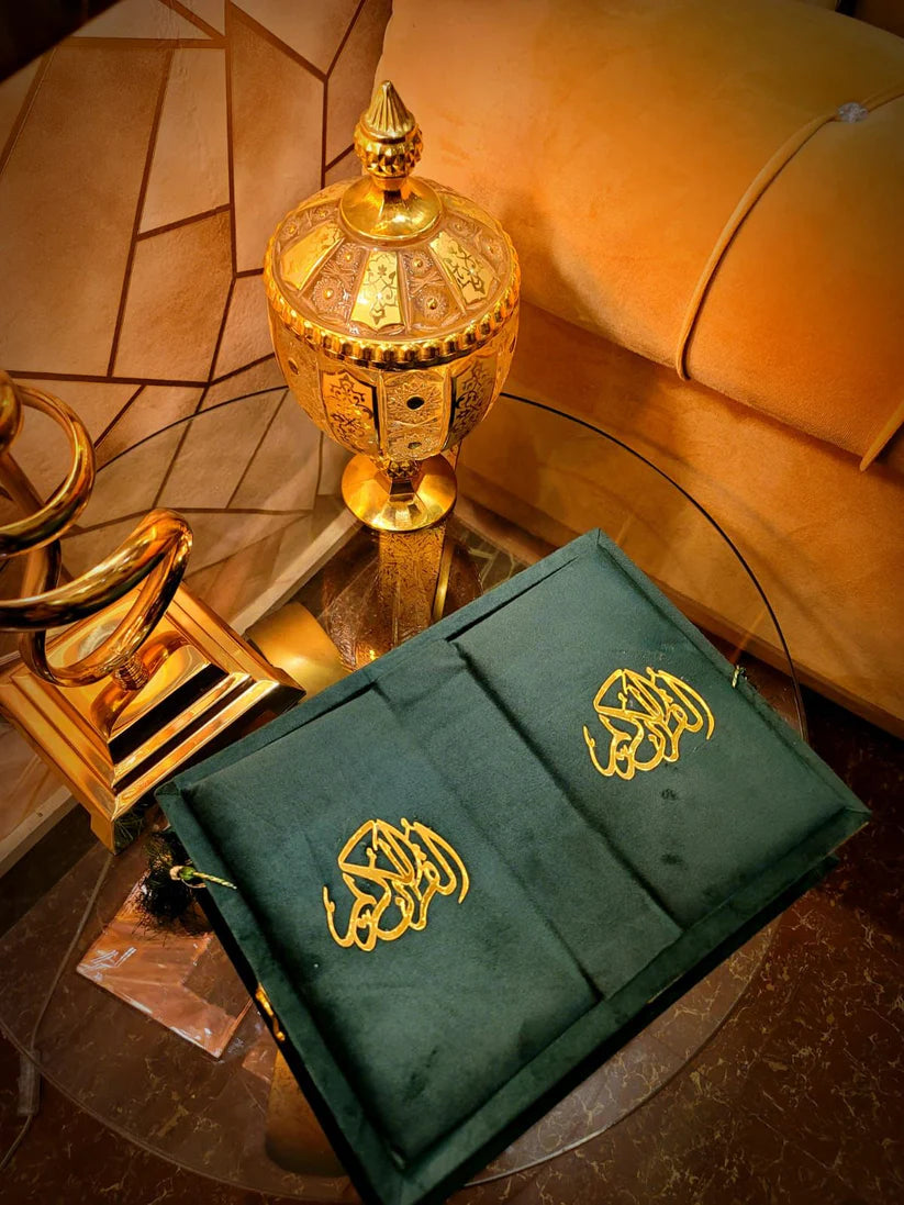 Green Meadown Velvet Quran Set (Tasbeeh , Ittar , Velvet Rahal Box , Velvet Quran)