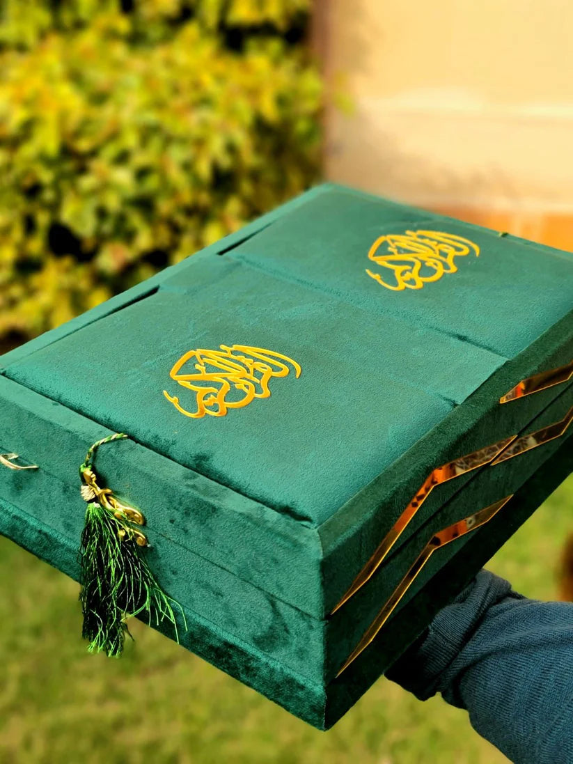 Green Meadown Velvet Quran Set (Tasbeeh , Ittar , Velvet Rahal Box , Velvet Quran)